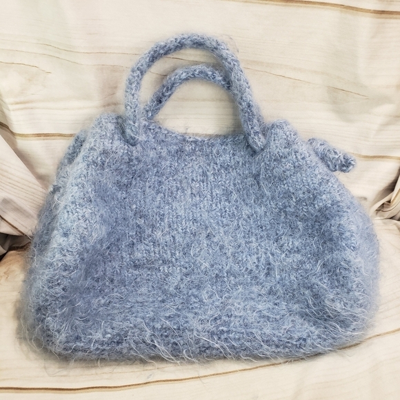 Alpaca Wool Boho Handbag Cinch Purse Cornflower Blue 15 x 11 Inches - Picture 8 of 10